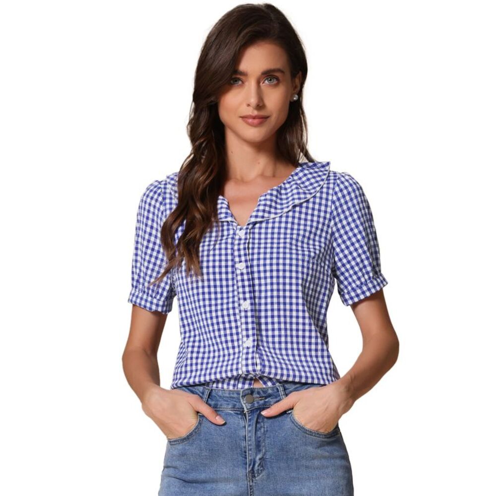 Plaid Blouse Puff Sleeve Ruffle Peter Pan Collar Shirt Top Dark Blue